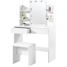 Vanity Desk with Mirror and Lights, Make Up Vanity Desk Set, Make Up Table and Stool Set, Small Bedroom Wooden Dressing Table with 2 Drawers and Storage Shelves, Power Outlet and USB Ports, White