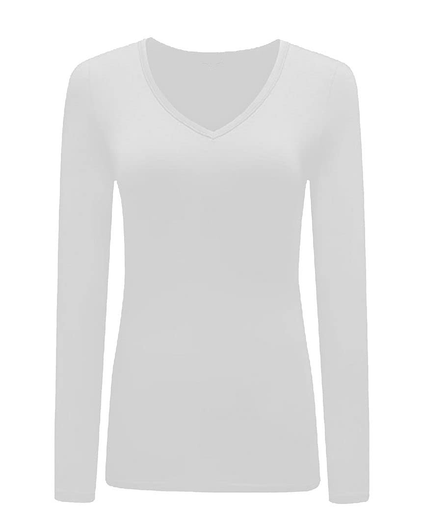 KATSSI Women’s Ladies Long Sleeve Stretch Plain V Neck T Shirt Top White