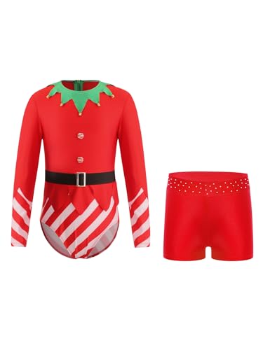 Miutii Body de Navidad para niños y niñas, con pantalones cortos, de manga larga, maillot de ballet, gimnasia, leotardo de Navidad, disfraz de elfo de Navidad, rojo, 110 cm-116 cm