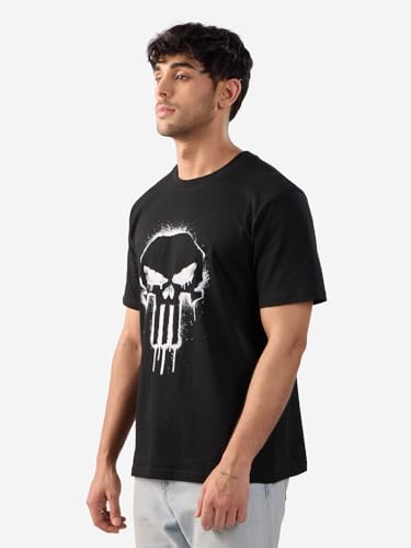 Image of The Souled Store Official Punisher: Classic Logo Men and Boys Short Sleeves Round Neck Black Graphic Printed Regular Fit Cotton T-Shirts