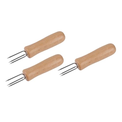 KITANDOVE 3 Forchette Acciaio Inox Manico Legno Antiscivolo Per Mais Frutta Cibo Riutilizzabile Volte Forniture Cucina