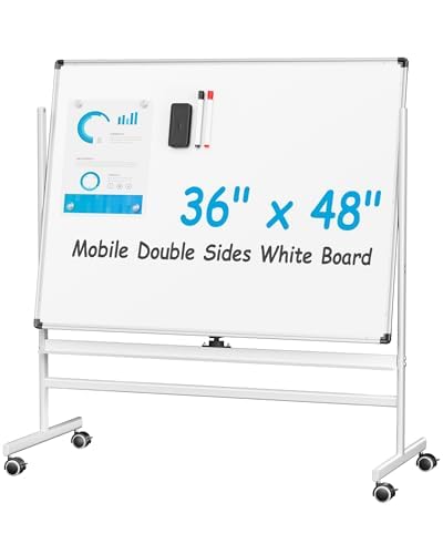 Rolling Magnetic Whiteboard on Wheels, 48'' x 36'' Double-Sided Mobile White Board with Stand, Portable Dry Erase Board for Home Office School, Includes 1 Eraser, 2 Markers, 4 Magnetic Pins