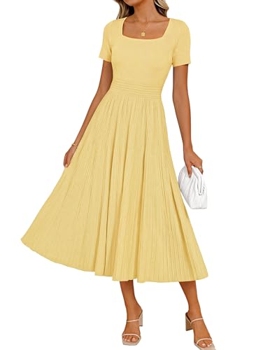 ZESICA Women Pleated Midi Sweater Dress 2026 Spring Summer Business Casual Short Sleeve A-Line Elegant Wedding Guest Dresses,Light Yellow,Small