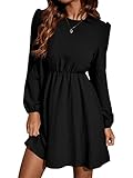 SheIn Damen A Linie Short Kleid Elegant Blusekleid Bishop Ärmel Freizeitkleid Partykleid Langarm Vintage Kleider Schwarz M