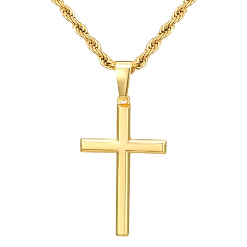 SWEETV 18K Gold Over 925 Sterling Silver Cross Necklace for Men/Women, Stainless Steel Cuban/Rope Chain Cross Pendant 18-24 inch, Religious Jewelry Gifts for Men