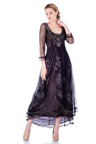 Nataya 40163 Women's 1920s Edwardian Victorian Vintage Style Wedding Party Dress in Black