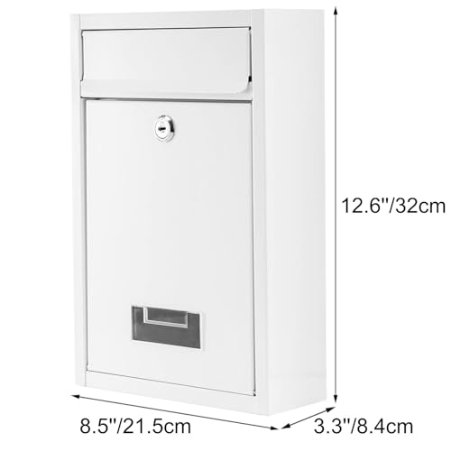 DEAYOU Wall Mount Mailbox with Key Lock, 32×21.5×8.4 cm Locking Mail Box for Outside, Steel Cover Metal Dropbox, Security Postbox with Slot for Envelope, Letter, Home, Office, White