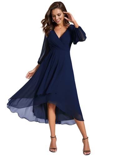 Ever-Pretty Robe Cocktail Femme en Mousseline High Low Manches Longues Soirée Bleu Marine 44