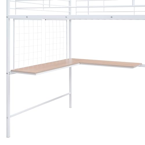 Image of Bellemave Full Size Loft Bed with Desk and Wardrobe and Storage Stairs, Loft Beds for Adults, Kids, Teens Metal, White