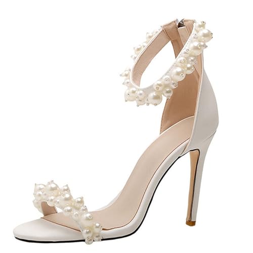 Pearl Strappy Heels for Women Open Toe Ankle Buckle Stiletto Heeled Sandals Summer Wedding Party Shoes