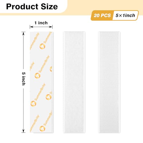 Image of SummerBrite 20 Pairs White Hook and Loop Strips with Adhesive, 1 x 5 Inch Heavy Duty Sticky Back Tape, Strong Mounting Fasteners for Classroom, Photos & Glass, Waterproof Interlocking Strips