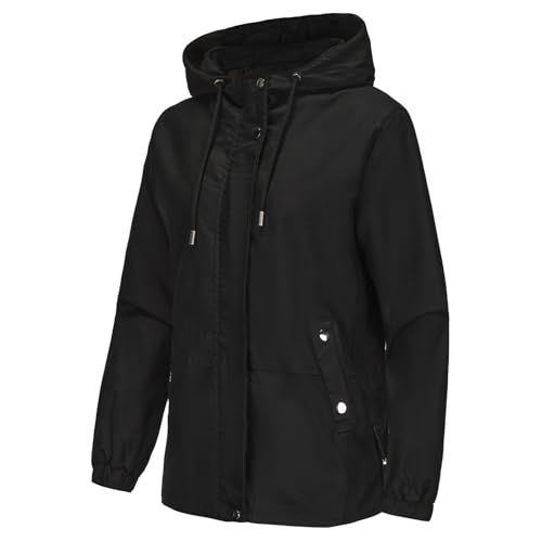 MODFUL Damen Leichte Windjacke mit Kapuze, Packbare Jacke mit Taschen für Frühling, Sommer und Herbst (Schwarz, M)