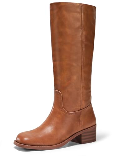 Coutgo Women's Knee High Boots Square Toe Chunky Block Heel Tall Boots Comfortable Low Heel Shoes, Red Brown, Size 6.5