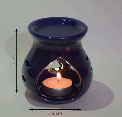 Pure Source India Ceramic Regular 10 Ml Lavender Aroma and 4 Tea Light Candle (Dark Blue, Oil Burner Set)
