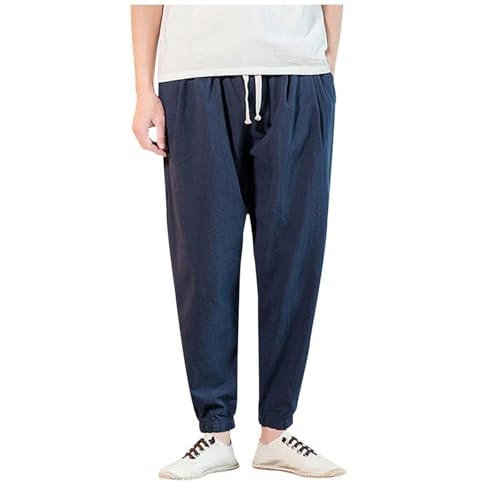 Mens Casual Cotton Linen Pants Big and Tall Elastic Drawstring Waist Pant Loose Comfy Summer Beach Pants Cinch Bottom