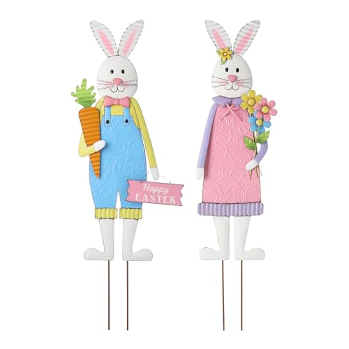 Glitzhome Easter Yard Signs Decorations Outdoor 2 Pack Metal Easter Bunny Boy & Girl Yard Stakes Standing/Hanging Decors
