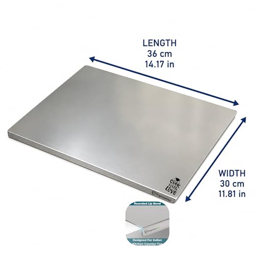 Image of OrganizeMee Premium (35.8 cm x30cm) Stainless Steel Chopping Board | Steel Kitchen countertop for Cutting, Vegetable Chopper, for Meat & Veggies Items, Chopping Board Steel pad (Medium Platform)