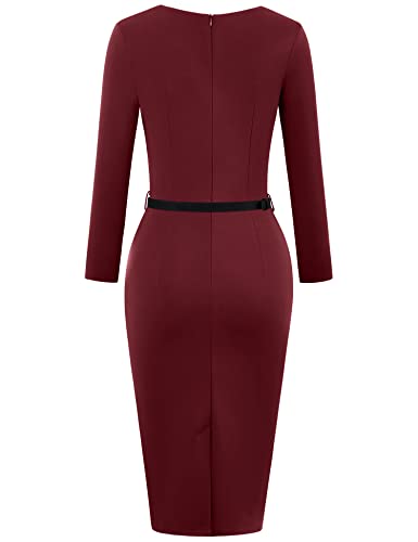 Muxxn Women's 50S V Neck Midi Pencil Long Sleeve Sheath Vintage Cocktail Business Wear To Work Dress Merlot Xl #TOP1