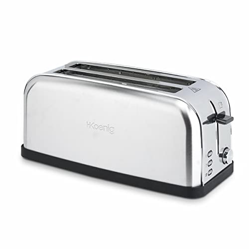 H.Koenig Tostador Especial Baguette 2 Rodajas TOS28 Ranuras anchas Acero inoxidable Vintage, 7 niveles de tostado, Descongelación, Rápido y uniforme, Pan y bollería, Fácil limpieza, 1500W