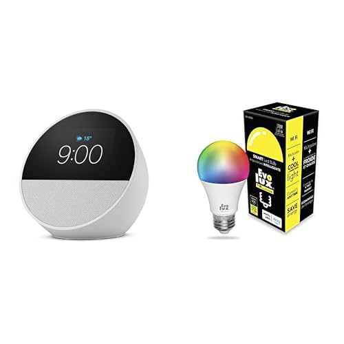 Echo Spot (2024 release) + Evolux Smart Bulb | Glacier White