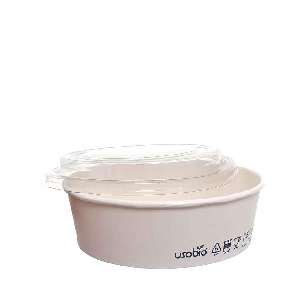 Ciotole Compostabili con Coperchio Usobio in Cartoncino Bianco Antigrasso, Contenitori Take Away per Insalate, Poke e Delivery, Coperchio PET Trasparente VARI FORMATI (1000, Millilitri)