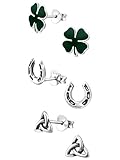 ICYROSE 925 Sterling Silver Set of 3 Pairs St. Patrick's Day Green Four Leaf Clover, Horseshoe,...