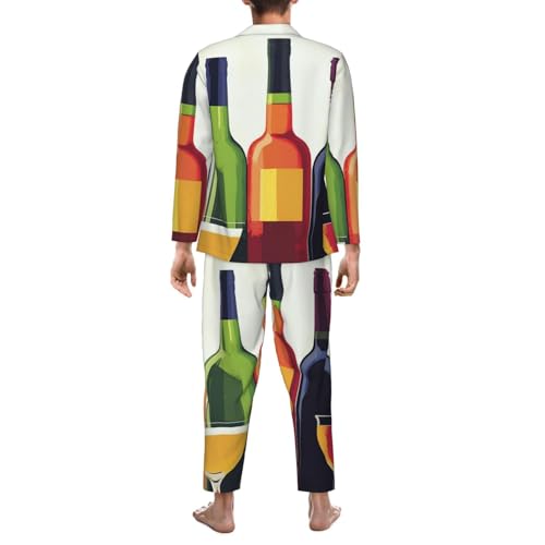 Poster Of Wine Bottles And Cocktails Mens Pajamas Set Button Down Sleepwear Set Long Sleeve Loungewear With Pockets2