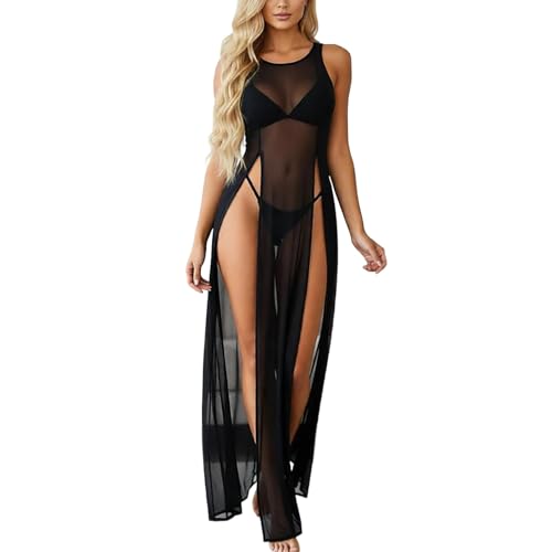 Conjunto de vestido para mujer, sexy, de malla transparente, vestido maxi y cintura alta, tanga, vestido ajustado, tanga, juego de tanga, falda larga, falda larga para bikini, ropa de playa, ropa de