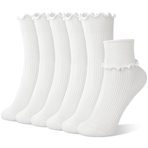 6 Pairs Cute Floral Ruffle Crew Socks Women, Breathable Cotton Novelty Casual Girls Above Ankle Funny Socks US 5-10