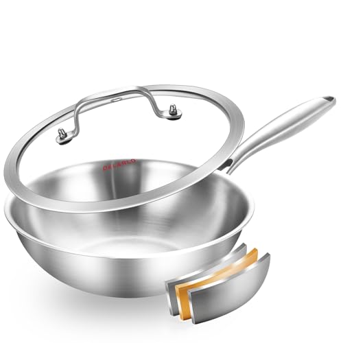 DELARLO Whole Body Tri-Ply Stainless Steel Wok 9.45 inch, Deep Kitchen Stir-Fry Pan, Small Wok Pan with Lids, Induction Mini wok, Suitable for All Stove, Up to 650℉, Detachable Handle