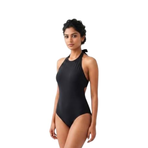 Image of Women's Solid Black Halter Neck One Piece Swimsuit | Backless Monokini | Stretchable Swimwear for Women