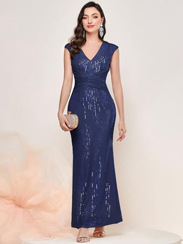 Miusol Women's V Neck Glitter Sequin Ruched Cocktail Party Long Dress3