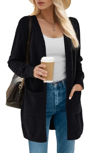 IWOLLENCE Strickjacke Damen Schwarz Vorne Offen Feinstrick Langarm Cardigan Mit Taschen