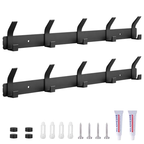YIIFELL 2 Piezas Percheros Pared, Perchero de Pared con 5 Ganchos -43,5 cm- Perchero Pared Negro para Recibidores, Entradas, Dormitorios Modernos, Habitaciones Infantiles y Baños