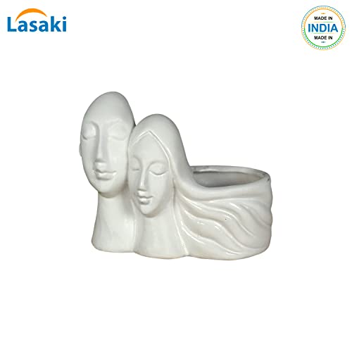 Image of Lasaki Couple White Ceramic Pots for Indoor Plants, Planters, Flower, Pots, gamla, Outdoor, Balcony, Home, Garden, Office Decor, Succulent Pot(L - 16 X W - 10 X H - 14.5 cm)(Plants not Included)