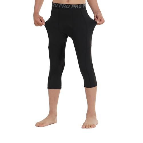 2 Pack Boys One Leg Compression Tights Youth 3/4 Football Pants Basketball Capri Leggings Athletic Baselayer Kids2