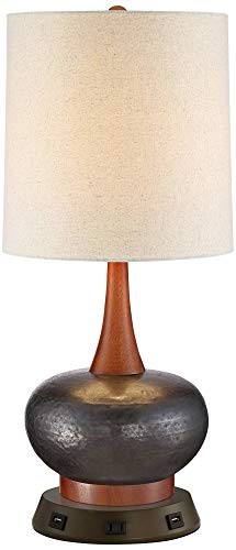 Andi Mid Century Modern Table Lamp with USB and AC Power Outlet Workstation Charging Base Brown Hammered Ceramic Wood Off White Fabric Cylinder Shade for Living Room Bedroom - 360 Lighting Andi Mid Century Modern Table Lamp with USB and AC Power Outlet Workstation Charging Base Brown Hammered Ceramic Wood Off White Fabric Cylinder Shade for Living Room Bedroom - 360 Lighting