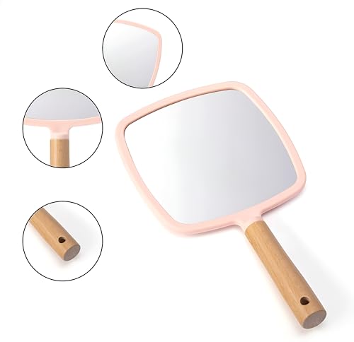Image of Wood Handle Mirror Square 25x13 cm | Portable HD Grooming & Makeup Mirror | Eco‑Friendly Plastic Frame | Travel & Shaving Handy Mirror (1, Square)