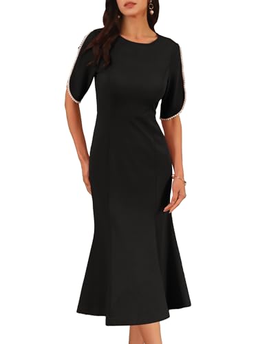 Women's Formal Midi Dress Wedding Guest Short Sleeve Beaded Bodycon Mermaid Cocktail Dresses