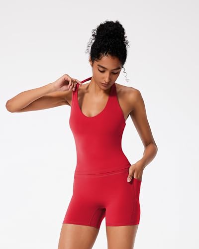 RXRXCOCO Halter Workout Sets for Women 2 Piece V Neck Tank Tops Hidden Scrunch Booty Shorts Gym Outfits with Pockets Red X-Large — view 3