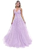 Vtorliya Women's Spaghetti Strap Tulle Prom Dresses Long Lace Appliques Ball Gown A-Line V Neck Formal Evening Party Dress Lilac