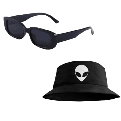 Chapéu Bucket Alien Bordado + Óculos De Sol Retro Retangular Unissex