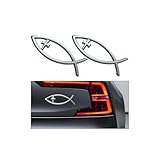 FALVFUN 2PCS Jesus Cross Fish Car Emblem, 3D Fish Symbol Christian Vehicle Bumper Badge Sticker, Weatherproof Religions Fishing Cross Automotive Exterior Decal, Universal for Truck SUV Van (Silver)