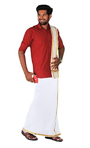 Image of PRAKASAM COTTON Mens Flexi size welcro pocket Readymade dhoti with golden Jari border + Matching Jari Cotton Single towel set only (shirt not included)