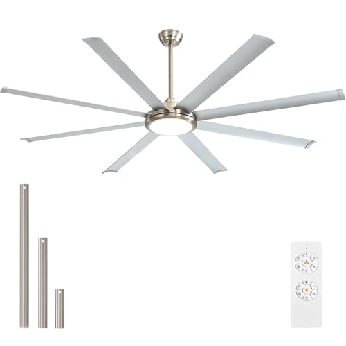 Image of WINGBO 120 Inch Industrial Ceiling Fan with Light and Remote, 8 Aluminum Blades Large Ceiling Fans, 3CCT, 6-Speed Reversible Quiet DC Motor for Kitchen Bedroom Living Room, Nickel and Silver