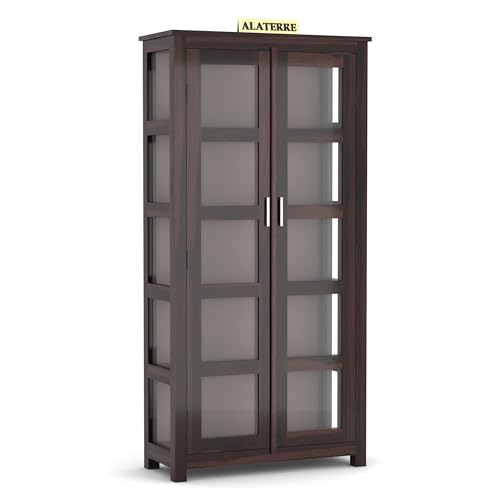 Image of Book Shelf, Wood Book Shelf with Glass Door || Wooden Bookcases for Home Library || Kitchen Crockery Cabinet Storage, Book Rack, Shelves, Book Shelf Walnut Finish