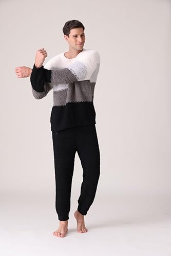 Men's Fleece Lounge Pajama Set - Includes Pants and Top, Elastic Fabric, Warm, Cloudlike Softness, Skin-Friendly Comfort, Grey and White.3