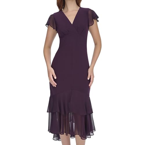 Image of Tommy Hilfiger Women's Flutter Sleeve V-Neck Ruffle Trim Hi-Lo Midi Dress