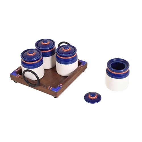 Image of AAKRITI ART CREATIONS Terra Wood Pickle Jar S04 W /Tray | Handcrafted Dhokra Brass Storage Jars| Kitchen Decoration Items Stylish Tray & Jars| Airtight Kitchen Jars with Teak Wooden
