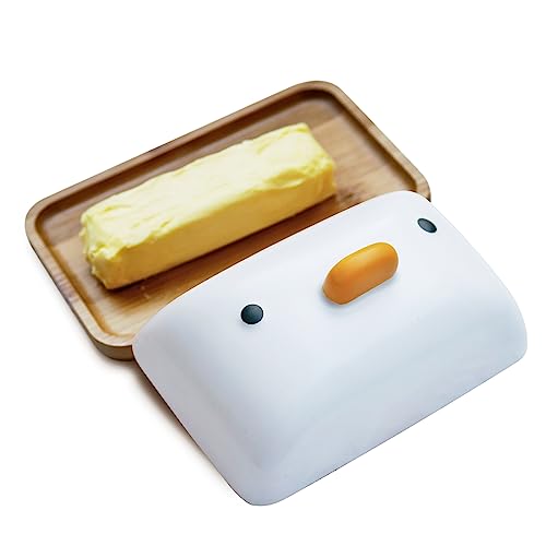Butterpfanne TULANDOT Entenbutterdosen für Arbeitsplatte, Bambusschale mit Porzellandeckel 18 x 12 cm großer Holztablettbehälter für 1 Stück Butter, zur rutschfesten Aufbewahrung